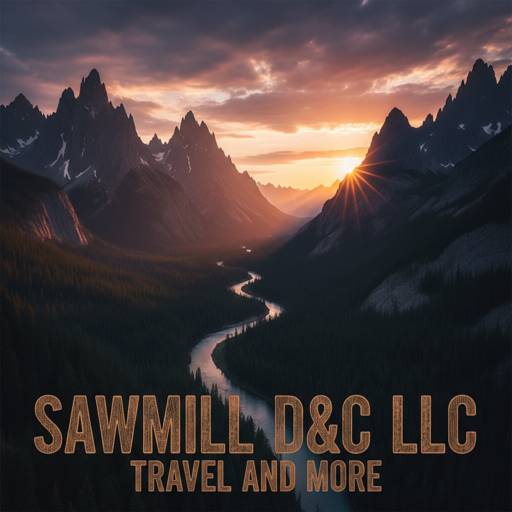 A realistic photo featuring mountains at sunset with Sawmill D&C LLC Travel and More – rustic look, wood grain or natural texture in the font or design, not cartoonish or illustrated, but a real photograph style.