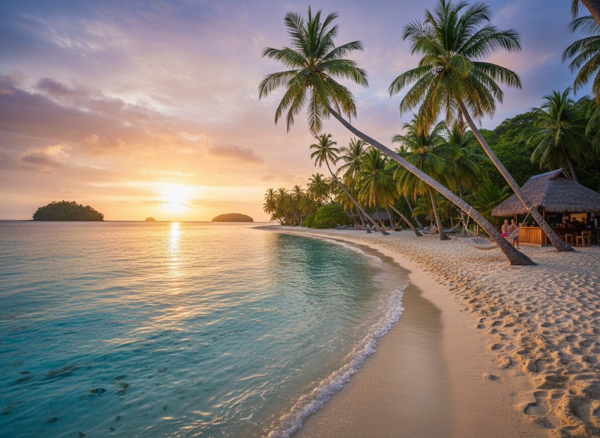 scenic tropical beach vacation destination with turquoise water, white sand, and palm trees at sunset