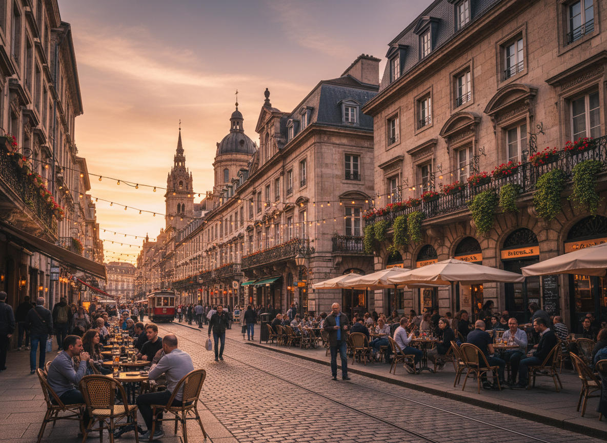 European city vacation destination with historic architecture, warm evening light, and outdoor cafes