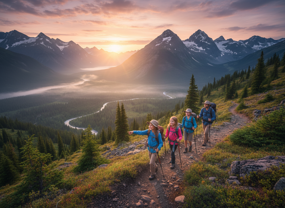 family adventure travel destination in the mountains with hikers on a scenic trail at sunrise