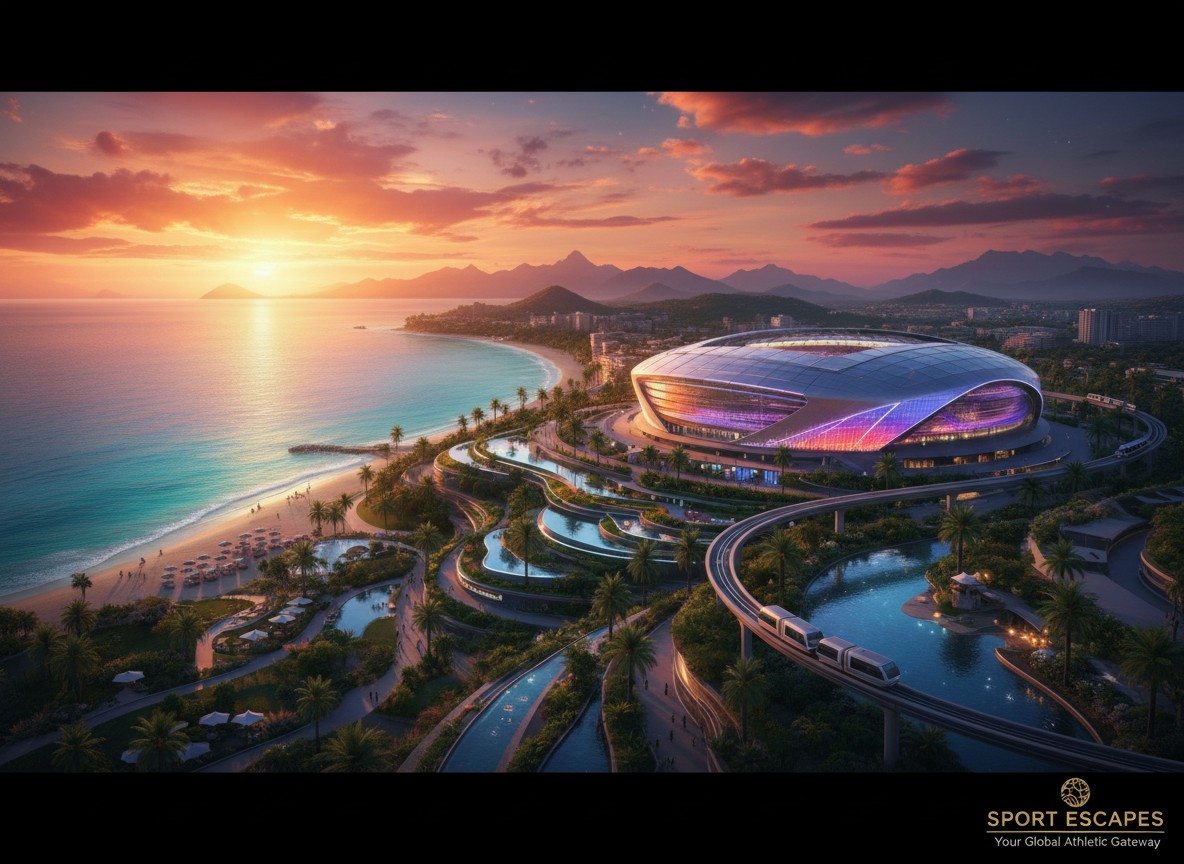 sports travel destination featuring a modern stadium or sports venue at sunset, matching style of existing vacation destination images with vibrant colors, wide scenic composition, and subtle travel branding