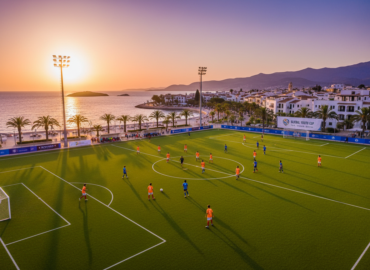 youth sports tournament travel destination showing kids playing soccer or a similar sport on a well-lit field, matching style of existing vacation destination images with vibrant colors, wide scenic composition, and subtle travel branding