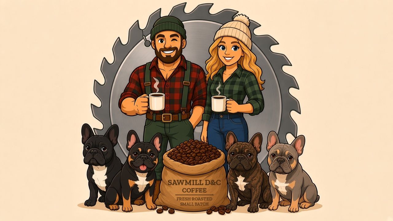 Cartoon lumberjack couple with four French bulldogs in front of a sawblade